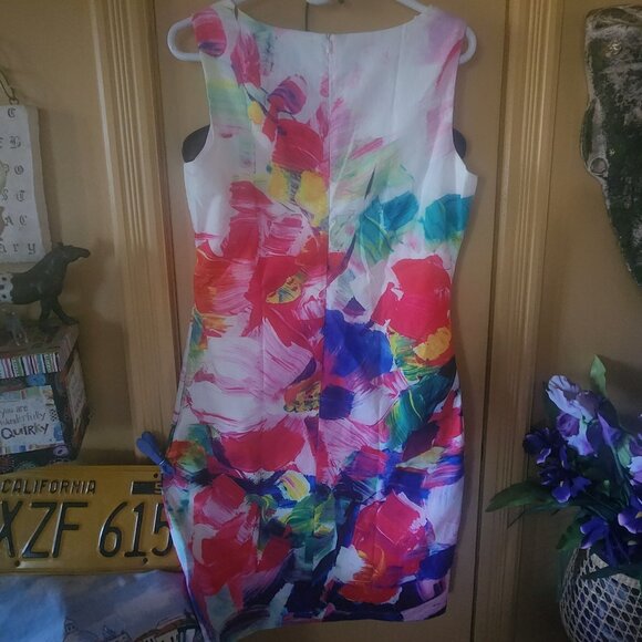 Vintage Linen Smashed Lemon White/Fuchsia V-Neck Oh so pretty w/pockets & lined - Picture 4 of 9